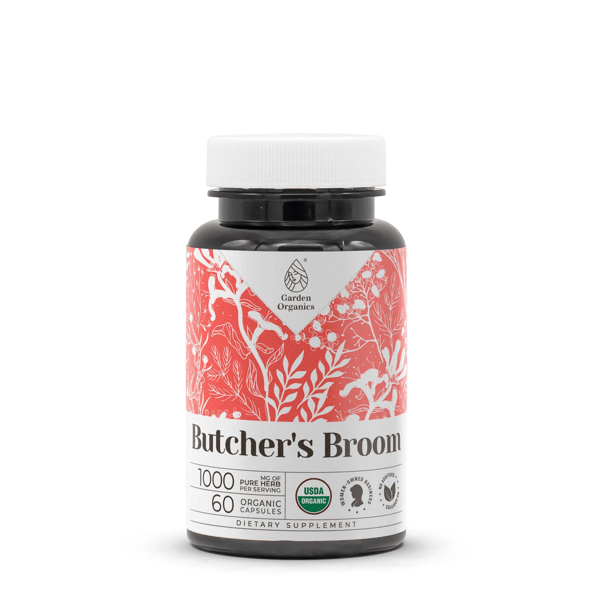 Garden Organics Butcher's Broom bottle with capsules for daily circulation support.
