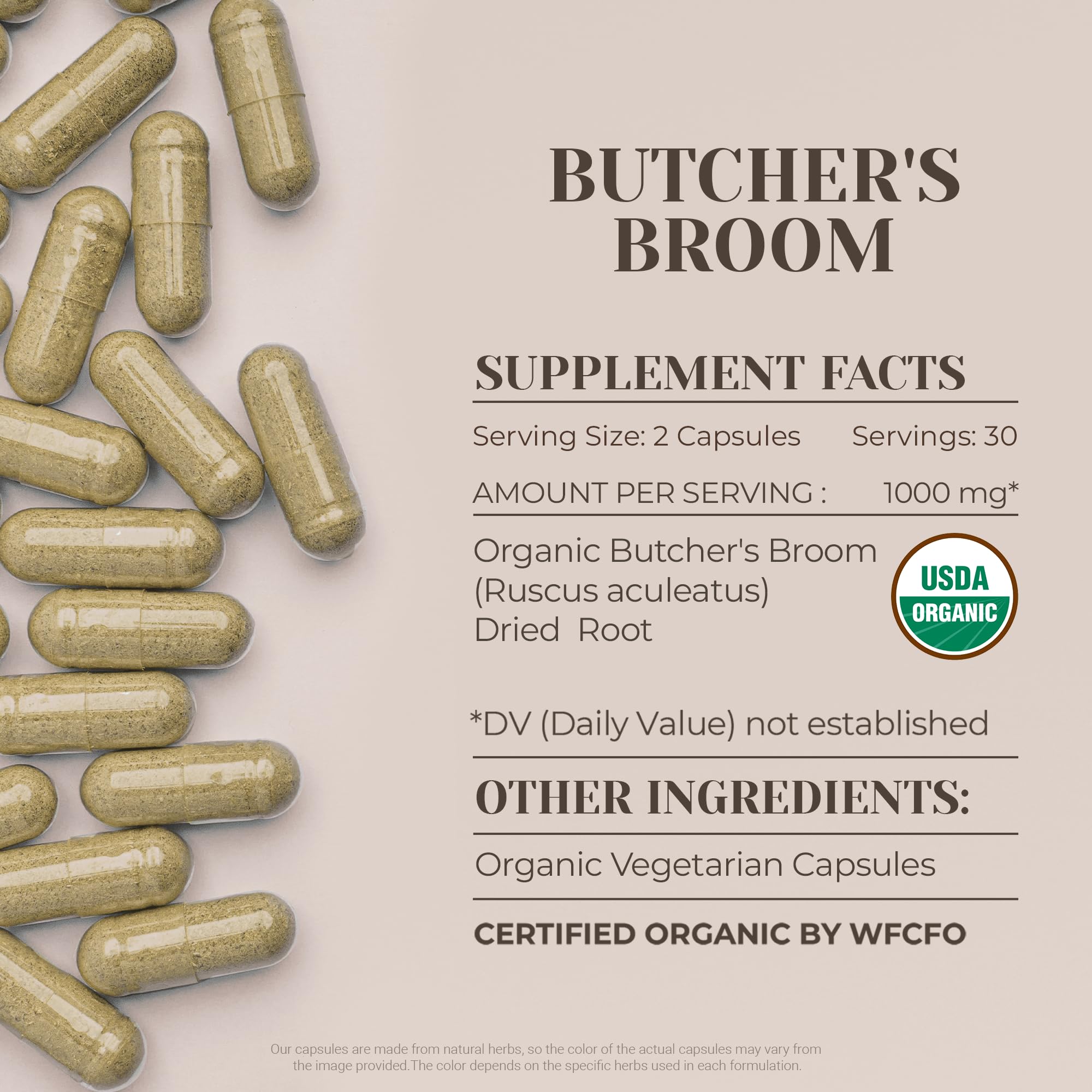 Garden Organics Butcher's Broom dried root imagery emphasizing pure organic ingredient.