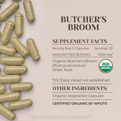Garden Organics Butcher's Broom dried root imagery emphasizing pure organic ingredient.