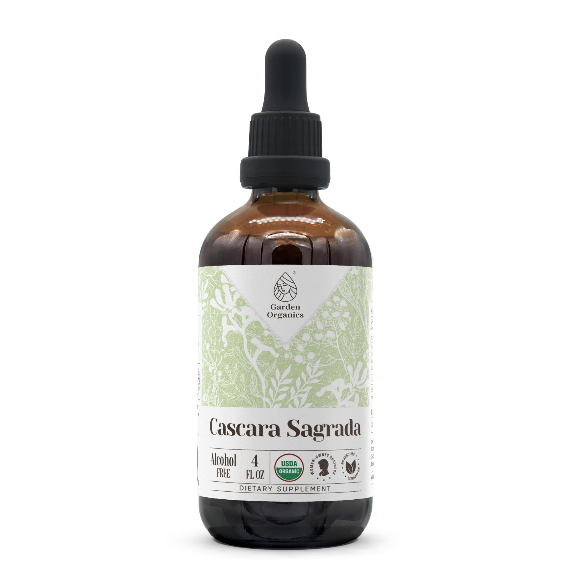 Garden Organics Cascara Sagrada bottle label showing organic, alcohol-free extract ideal for daily use.