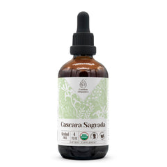 Garden Organics Cascara Sagrada bottle label showing organic, alcohol-free extract ideal for daily use.