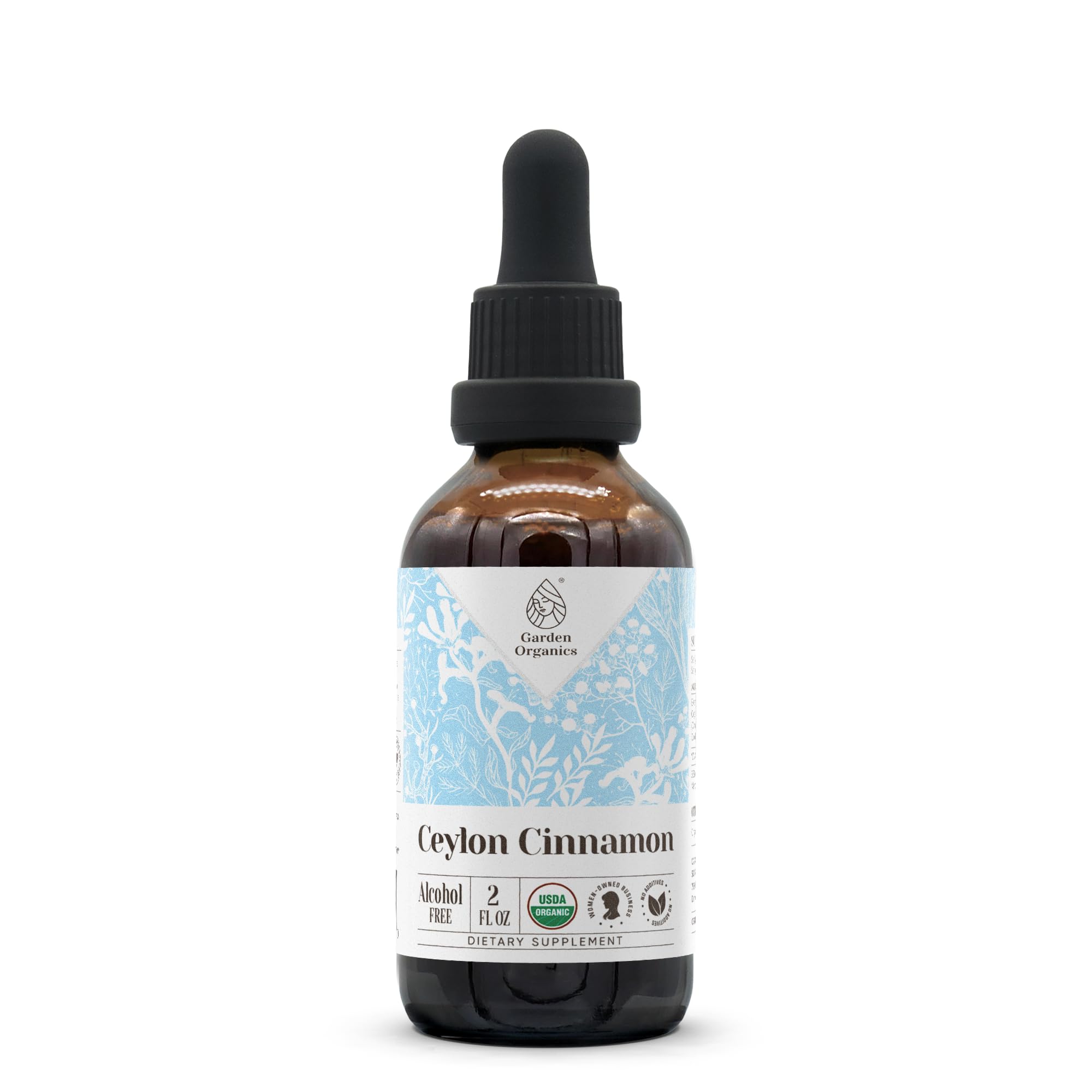 Garden Organics Ceylon Cinnamon extract bottle showing organic, alcohol-free formula for daily wellness