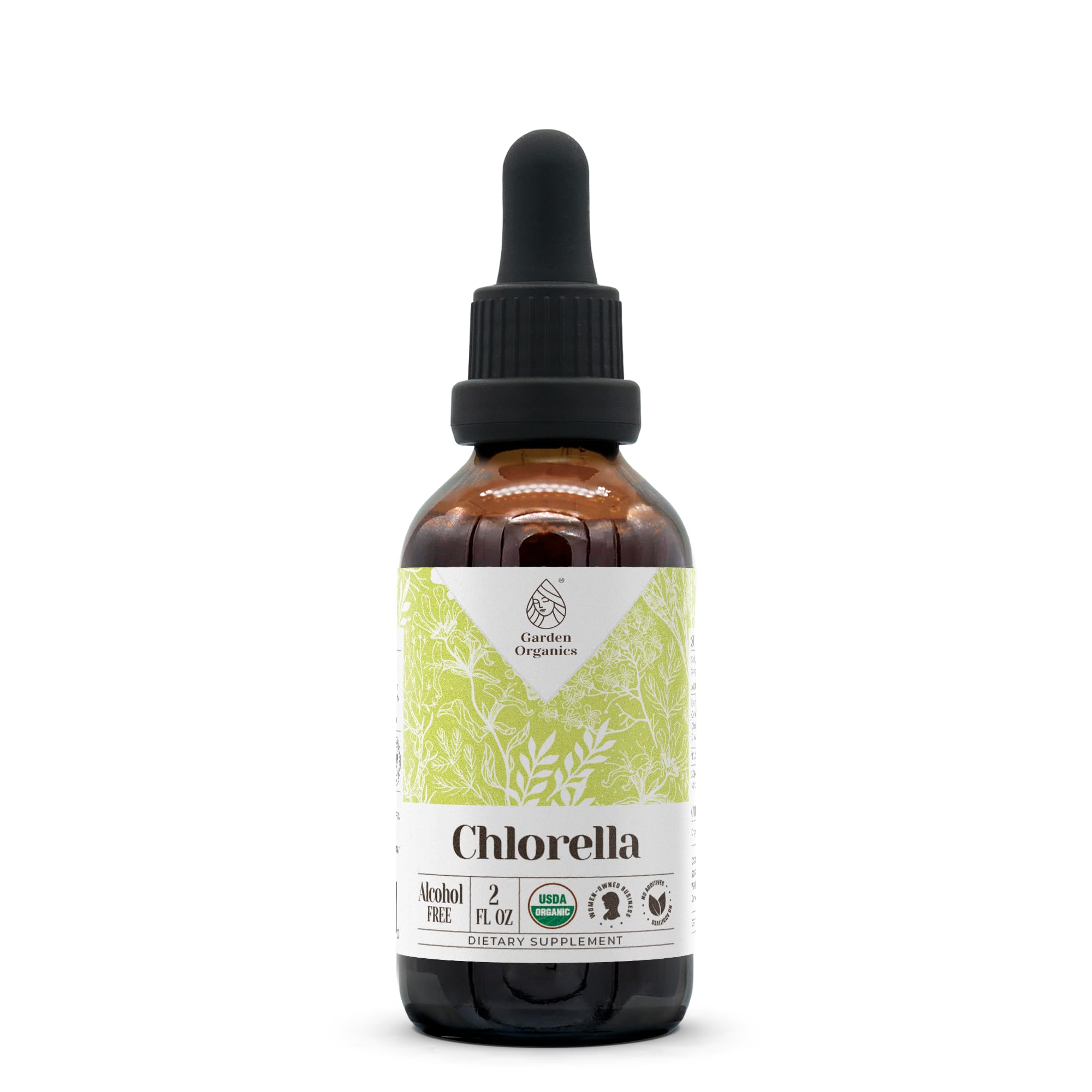 Garden Organics chlorella extract bottle on white background emphasizing purity and potency