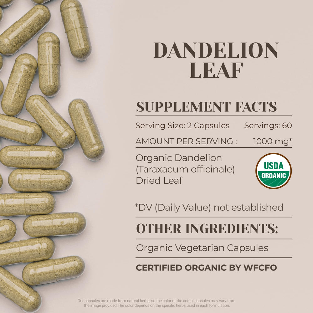 Organic label on Garden Organics Dandelion Leaf packaging emphasizes USDA organic status.