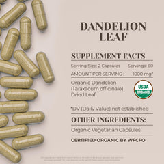 Organic label on Garden Organics Dandelion Leaf packaging emphasizes USDA organic status.