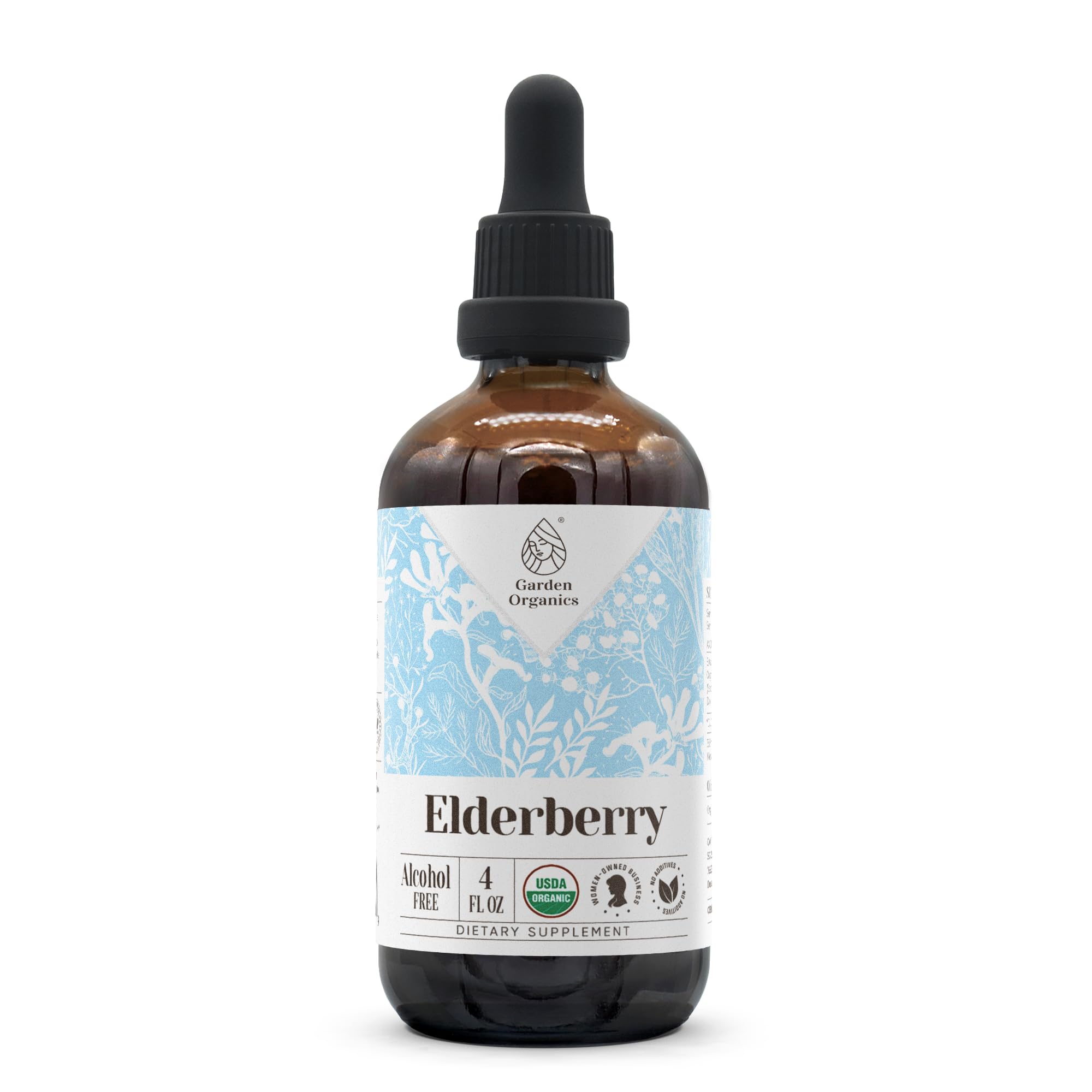 Garden Organics Elderberry bottle with pour spout shows pure organic extract.