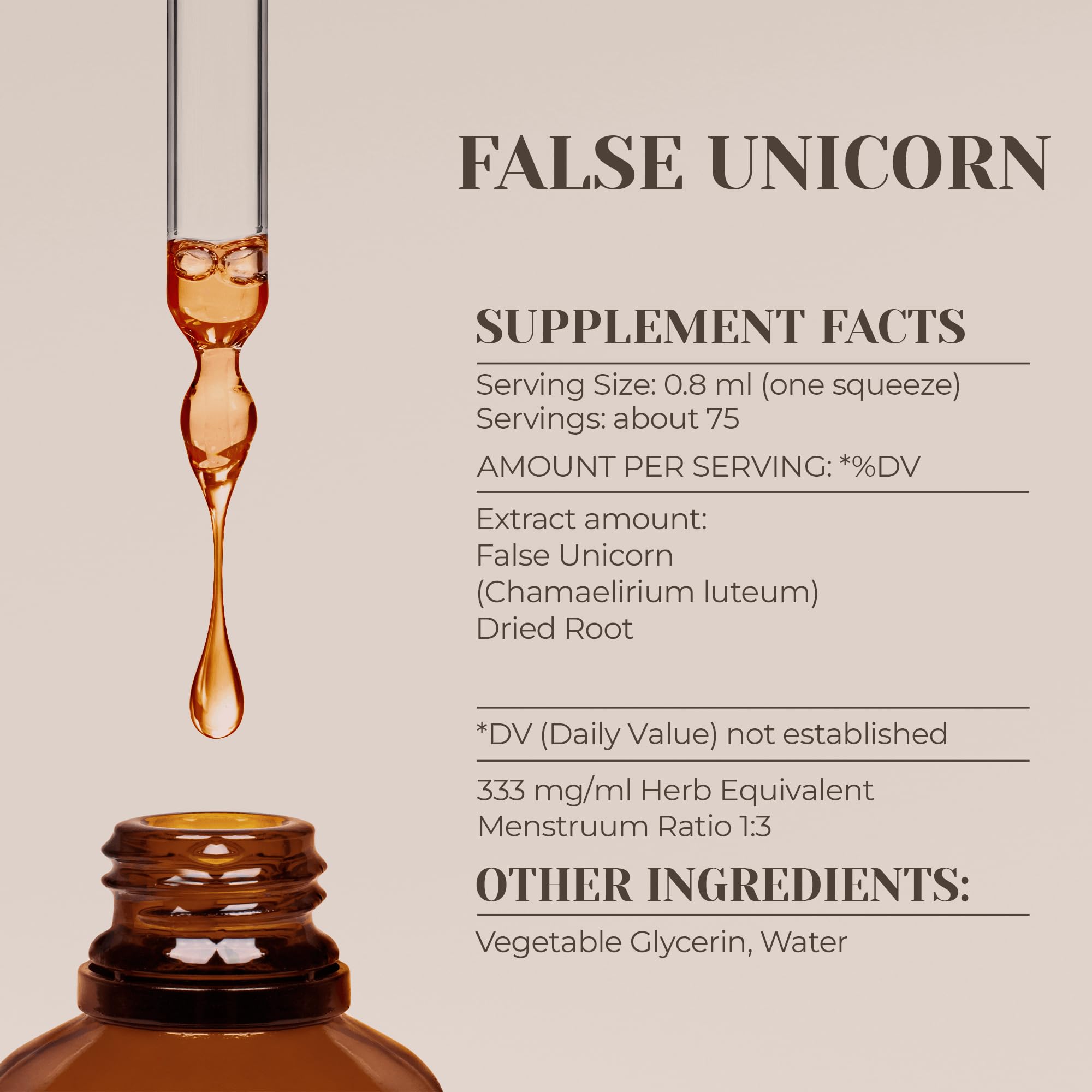 Garden Organics False Unicorn tincture label highlights purity and ingredients.