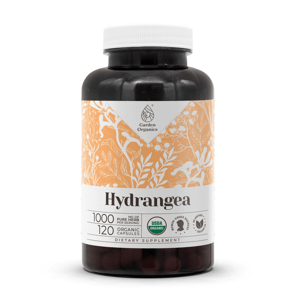 Garden Organics Hydrangea 120 capsules bottle showing USDA Organic branding for pure herbal support