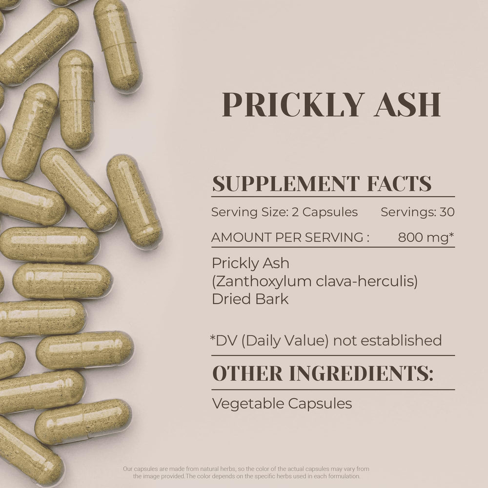 Garden Organics Prickly Ash capsules closeup, high-potency herbal blend in veggie capsules
