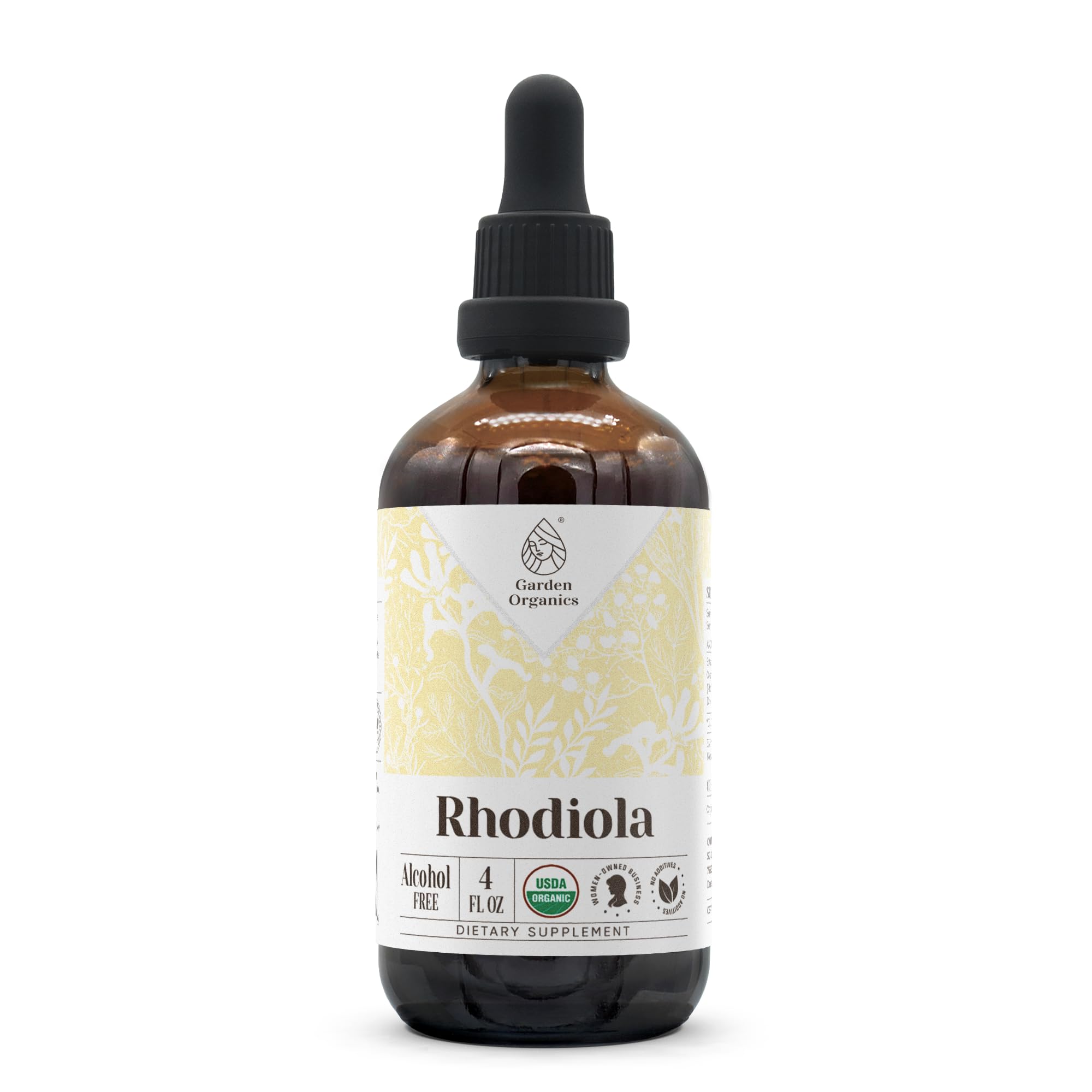 Garden Organics Rhodiola tincture bottle with dropper for daily mood support.