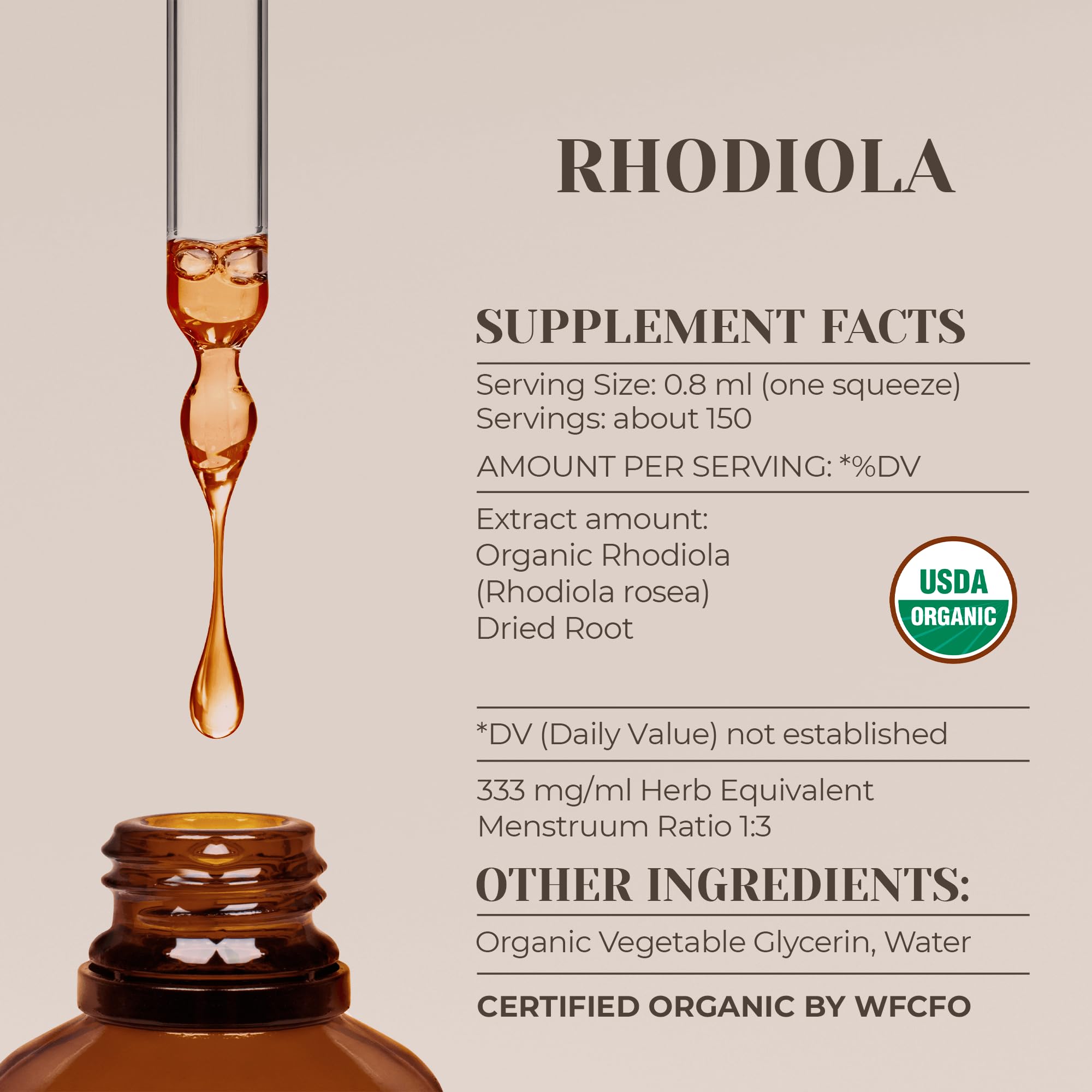 Garden Organics Rhodiola tincture label with USDA Organic and alcohol-free formula.