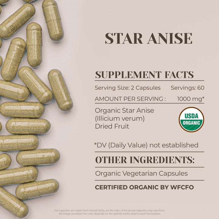Garden Organics star anise capsules close-up showing vegetarian capsules.