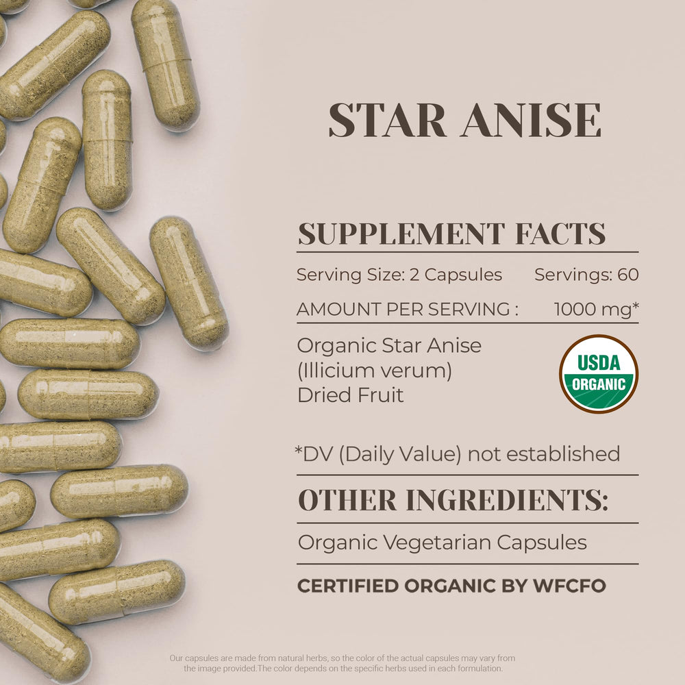 Garden Organics star anise capsules close-up showing vegetarian capsules.