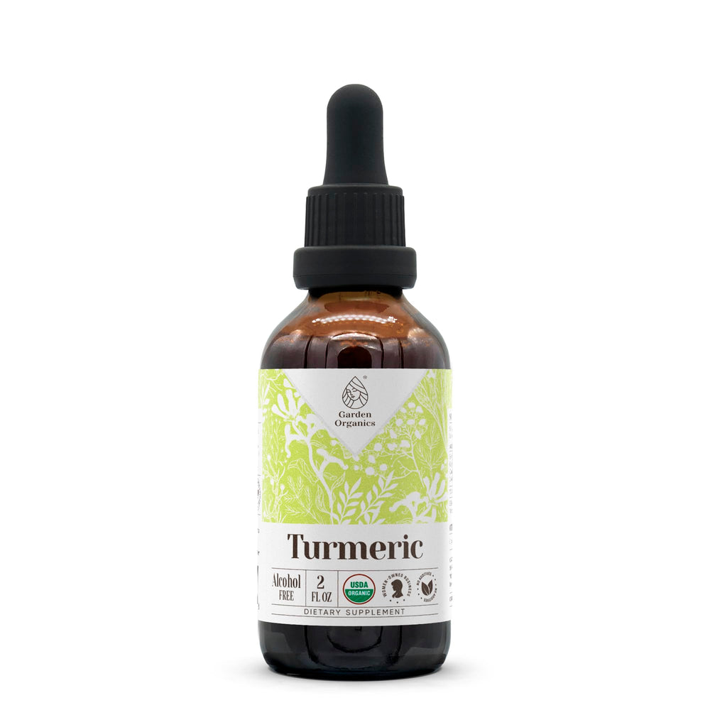 Garden Organics Turmeric Extract bottle shows high-potency formula for daily wellness.