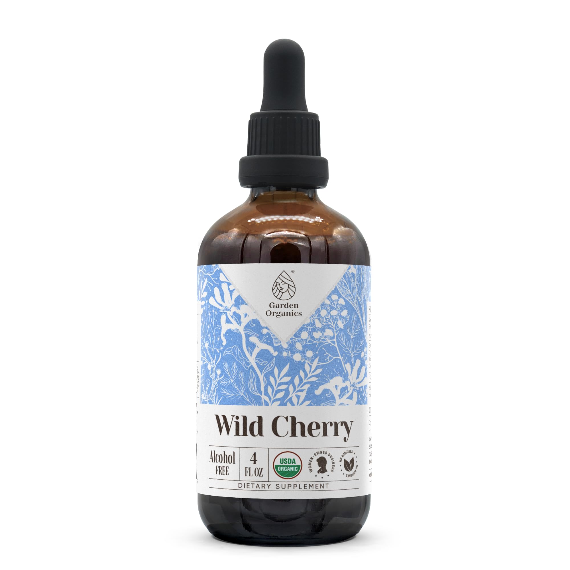 Garden Organics Wild Cherry extract bottle pour highlights alcohol-free potency for daily use.