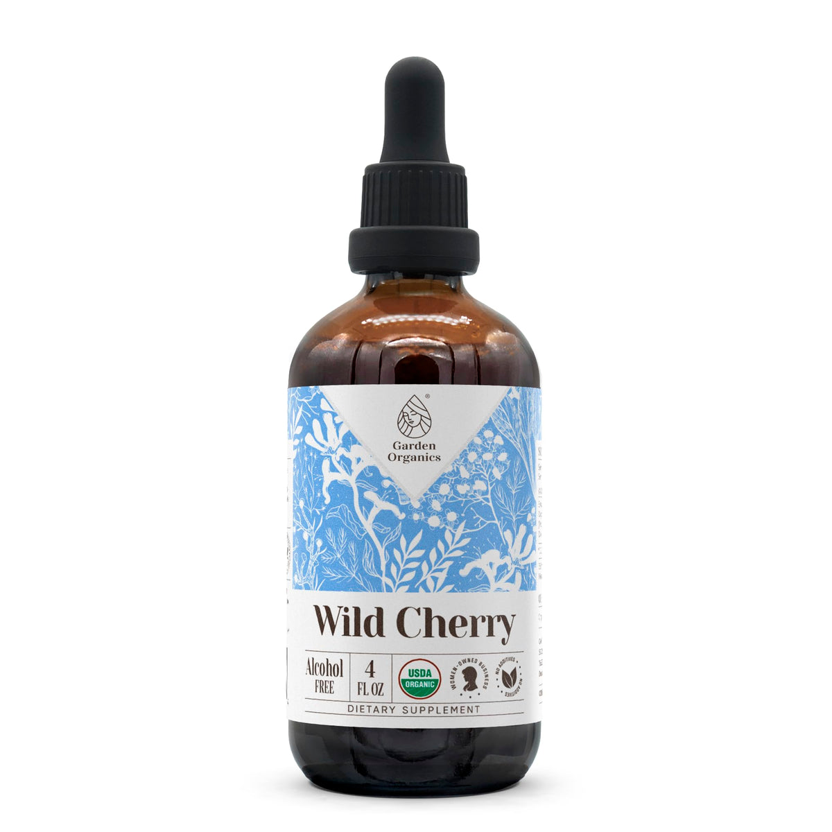 Garden Organics Wild Cherry extract bottle pour highlights alcohol-free potency for daily use.