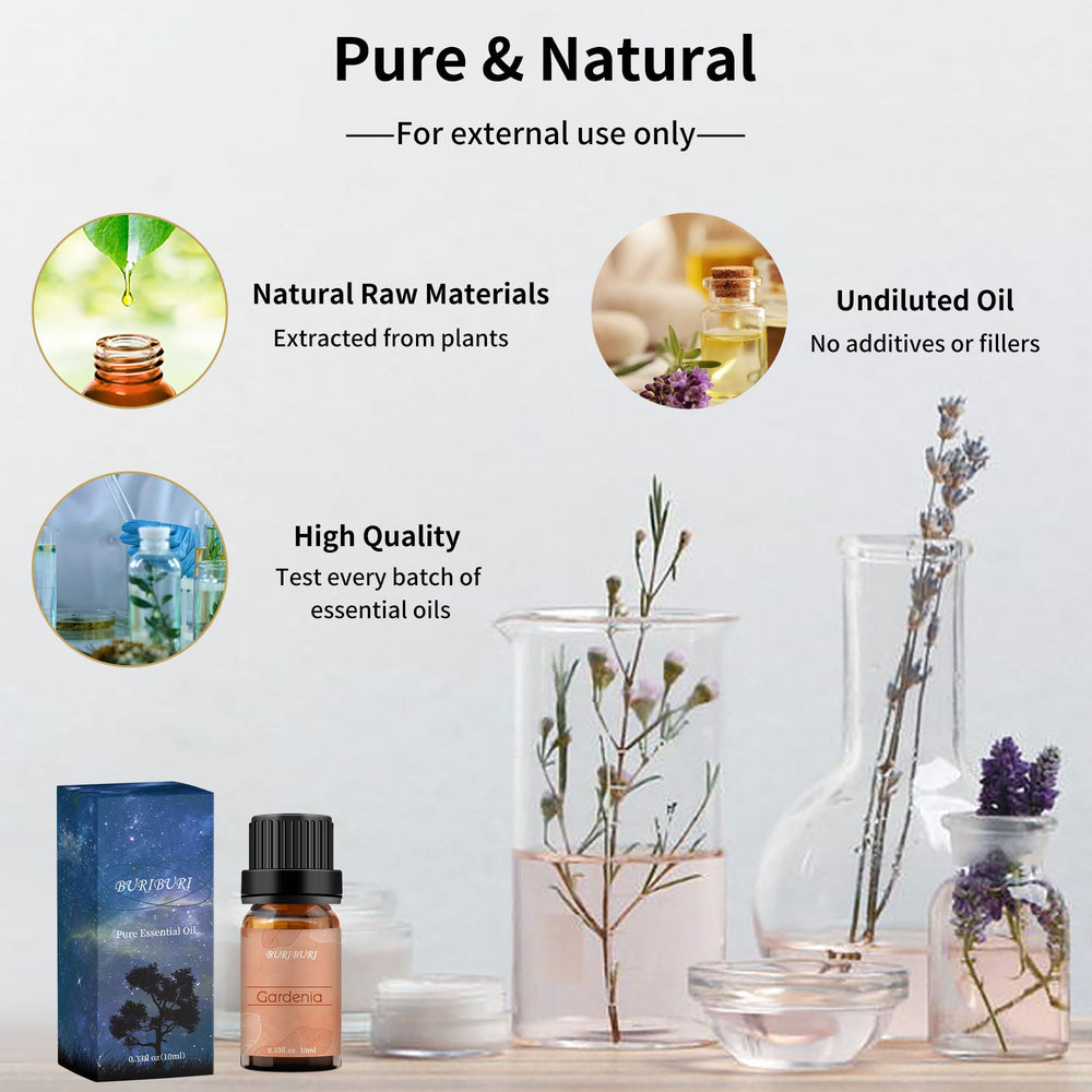 BURIBURI Gardenia oil shown in soaps, candles, and diffusers for ambience.