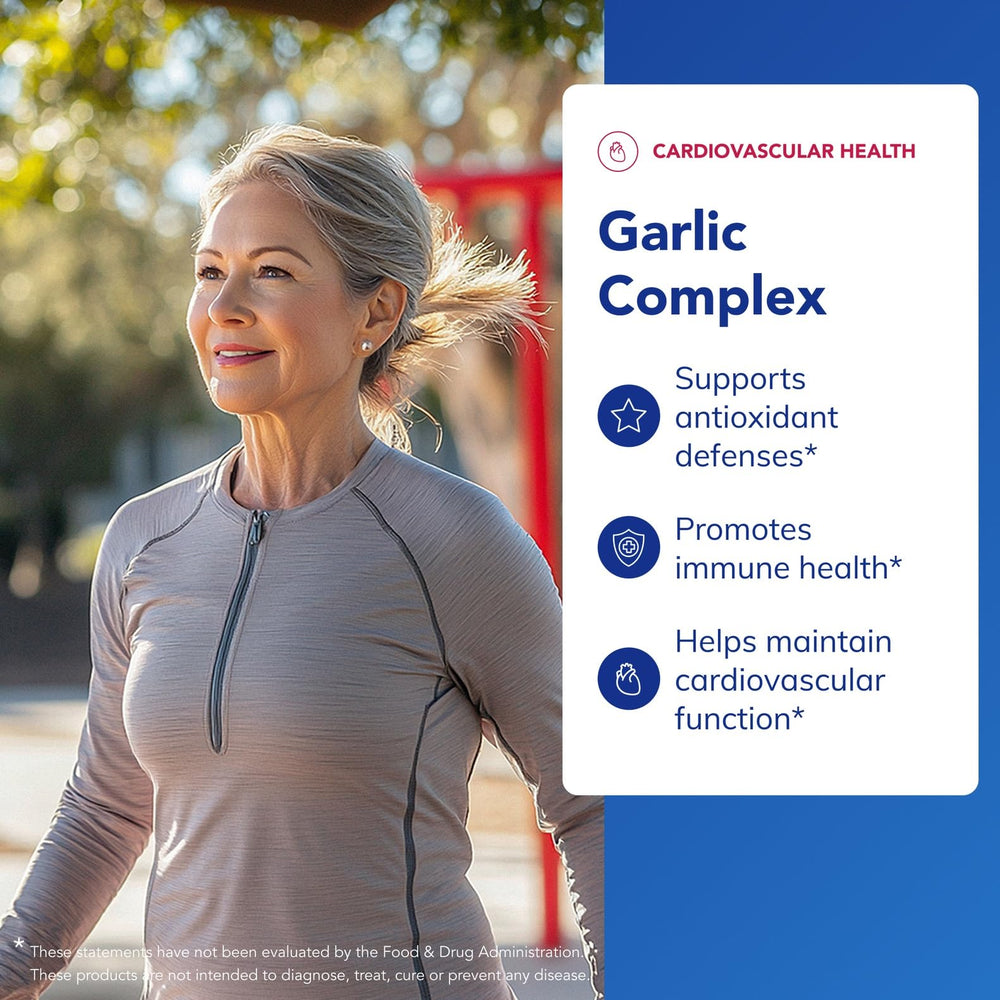 Garlic Complex label close-up, emphasizing aged fermented black garlic components.