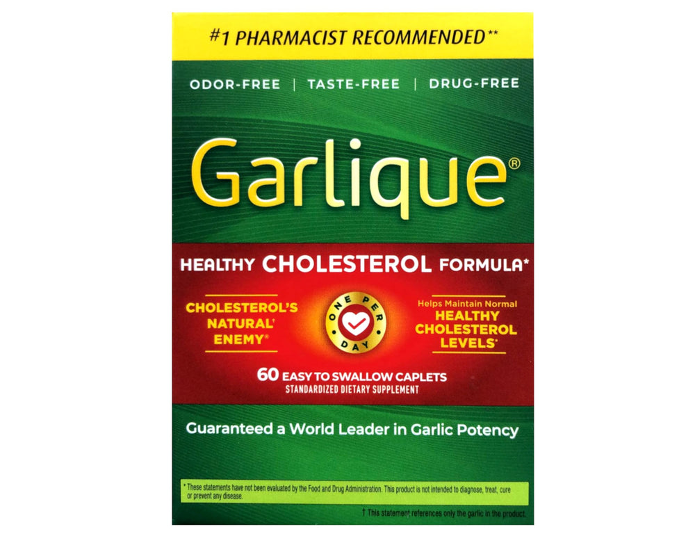 Garlique 60-tablets bottle front view for easy daily intake.