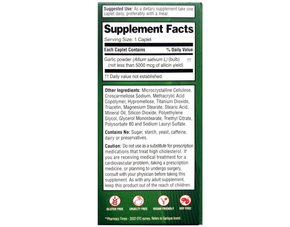Garlique allicin yield 5000 mcg per tablet signaling potency.