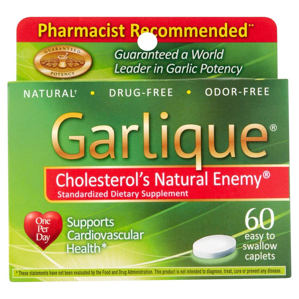 Garlique Healthy Cholesterol Formula bottle with odor-free allicin caplets for daily support