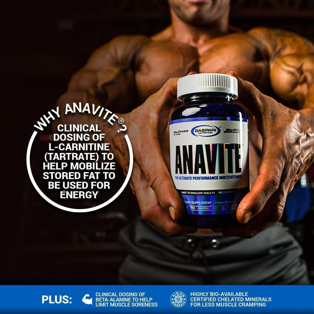 Gaspari Anavite brand logo reinforces trusted sports nutrition for active adults.
