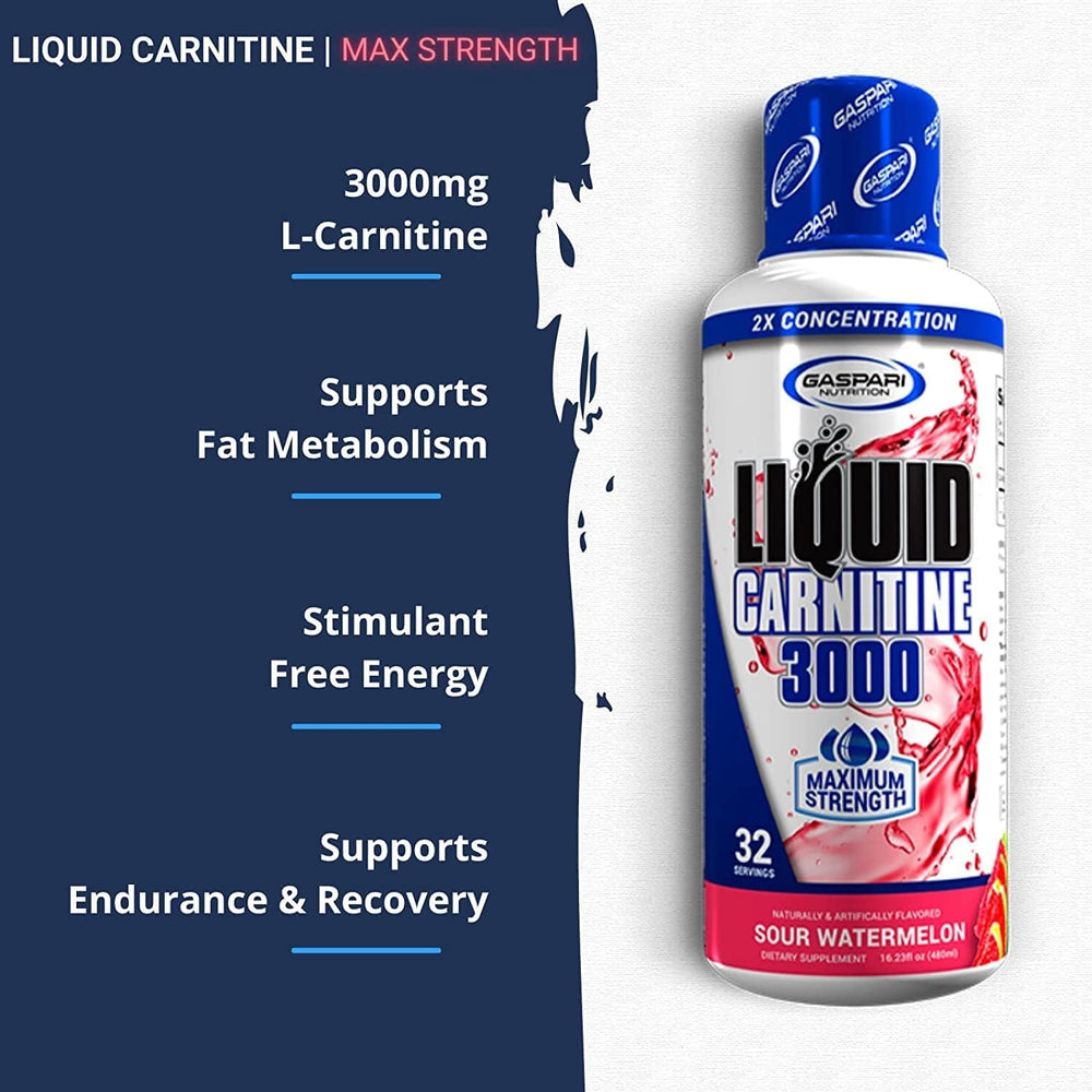 Gaspari L-Carnitine 3000 cap shows flavor and serving info.