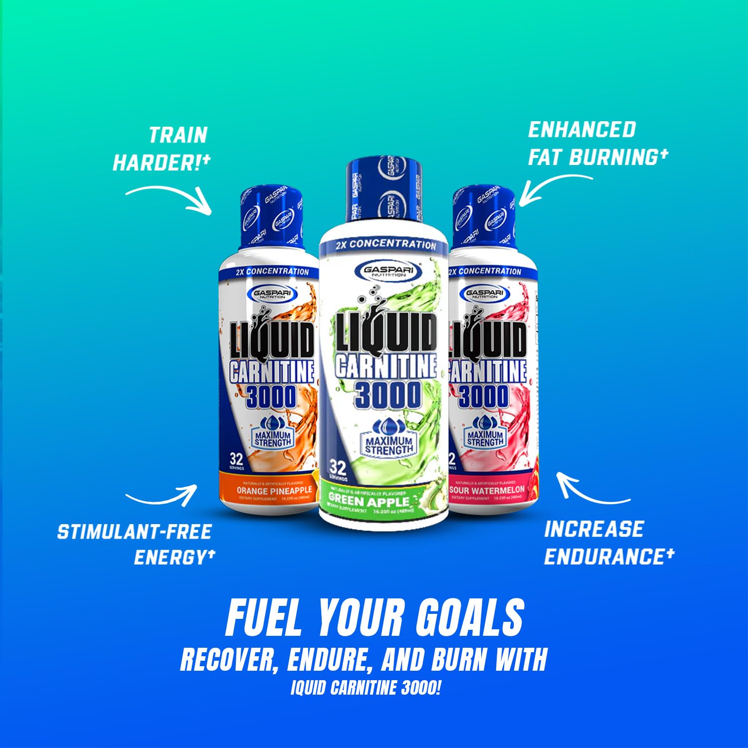 Gaspari Liquid L-Carnitine 3000 label highlights ingredients and certifications.