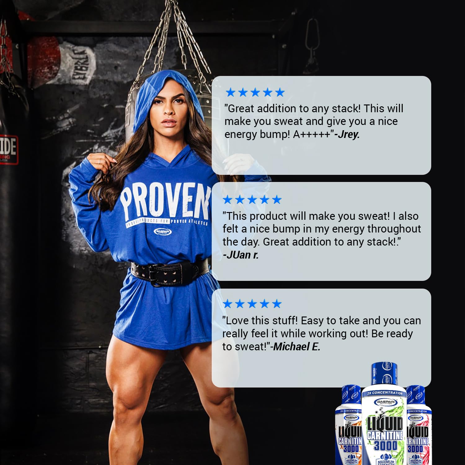 Gaspari Liquid L-Carnitine orange-pineapple bottle highlighting non-GMO, gluten-free formula.