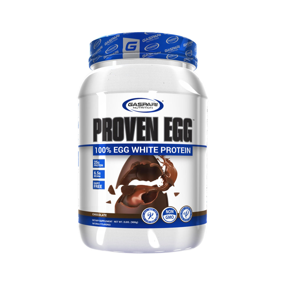 Gaspari Nutrition Proven Egg chocolate bottle showing pure egg white protein for clean fueling.