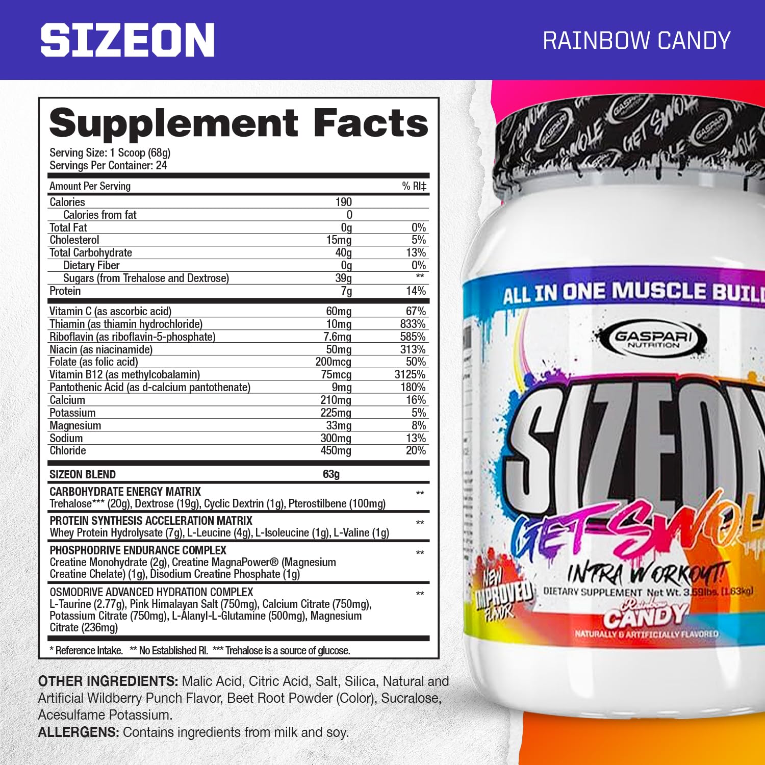 Gaspari Nutrition SizeOn tub shows powder designed for rapid intra-workout use.