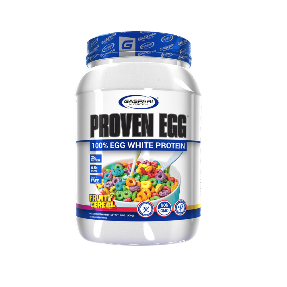 Gaspari Proven Egg Fruity Cereal bottle showing 25g protein per serving