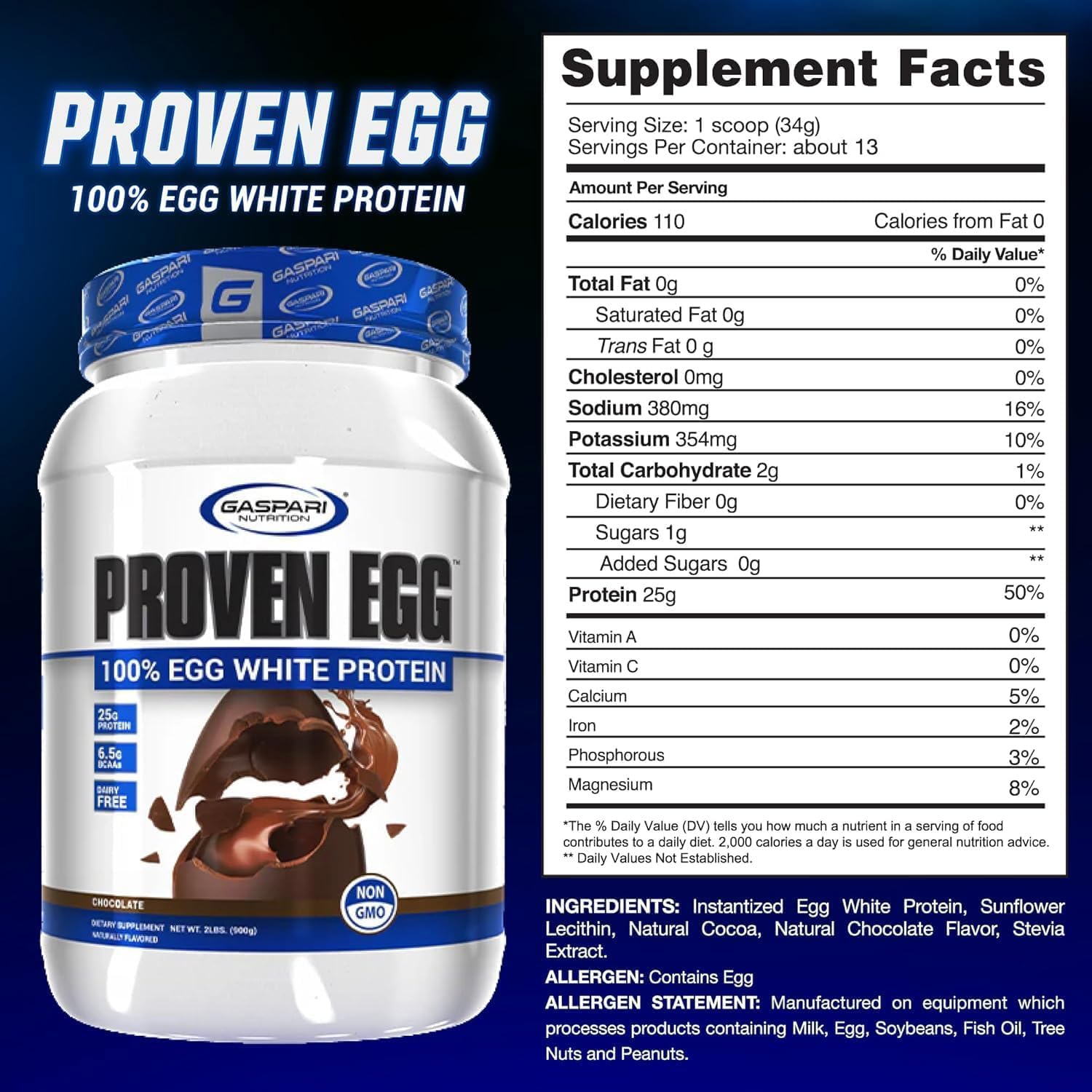 Gaspari Proven Egg White Protein ingredients label highlighting dairy-free formula.