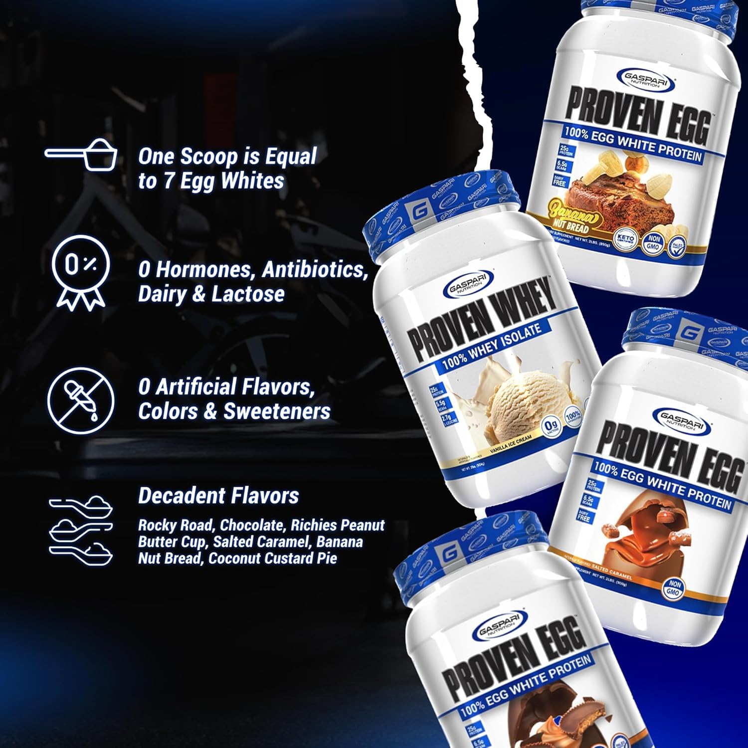 Gaspari Proven Egg White Protein measuring scoop beside powder.