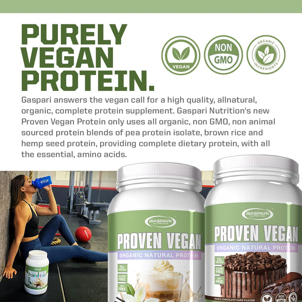 Gaspari Proven Vegan Protein ingredients panel shows pea, rice, and hemp for complete plant protein.