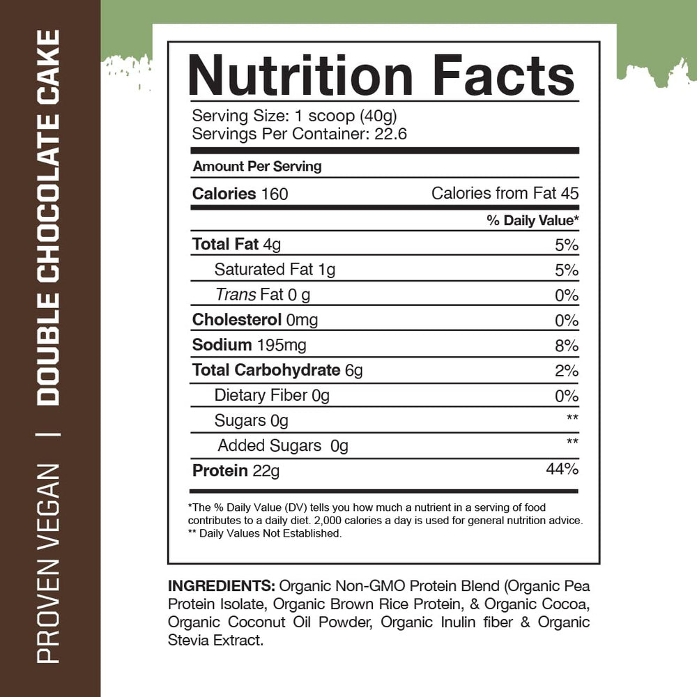 Gaspari Proven Vegan Protein tub highlights gluten-free, soy-free formula in Double Chocolate Cake.