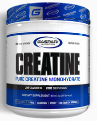 Gaspari Nutrition Pure Creatine Monohydrate bottle label shows 5g servings for strength training.