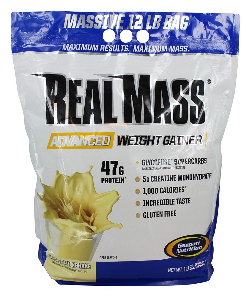 Gaspari Real Mass vanilla milkshake pour demonstrates easy mixing after workouts.