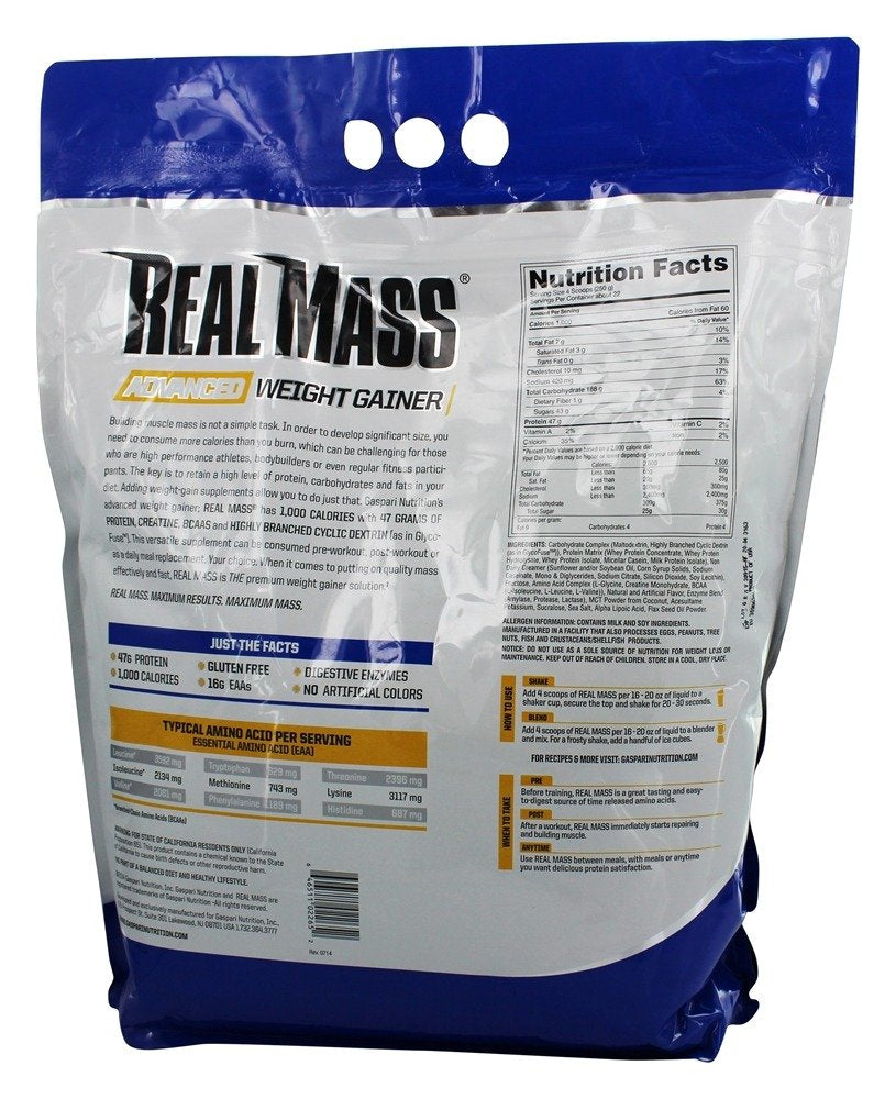 Gaspari Real Mass vanilla milkshake tub presents a gluten-free weight gainer option.