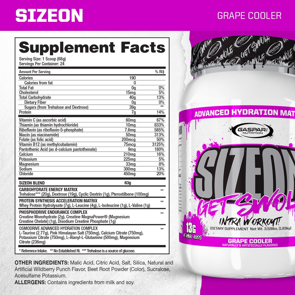 Gaspari SizeOn label closeup highlights advanced intra-workout formula