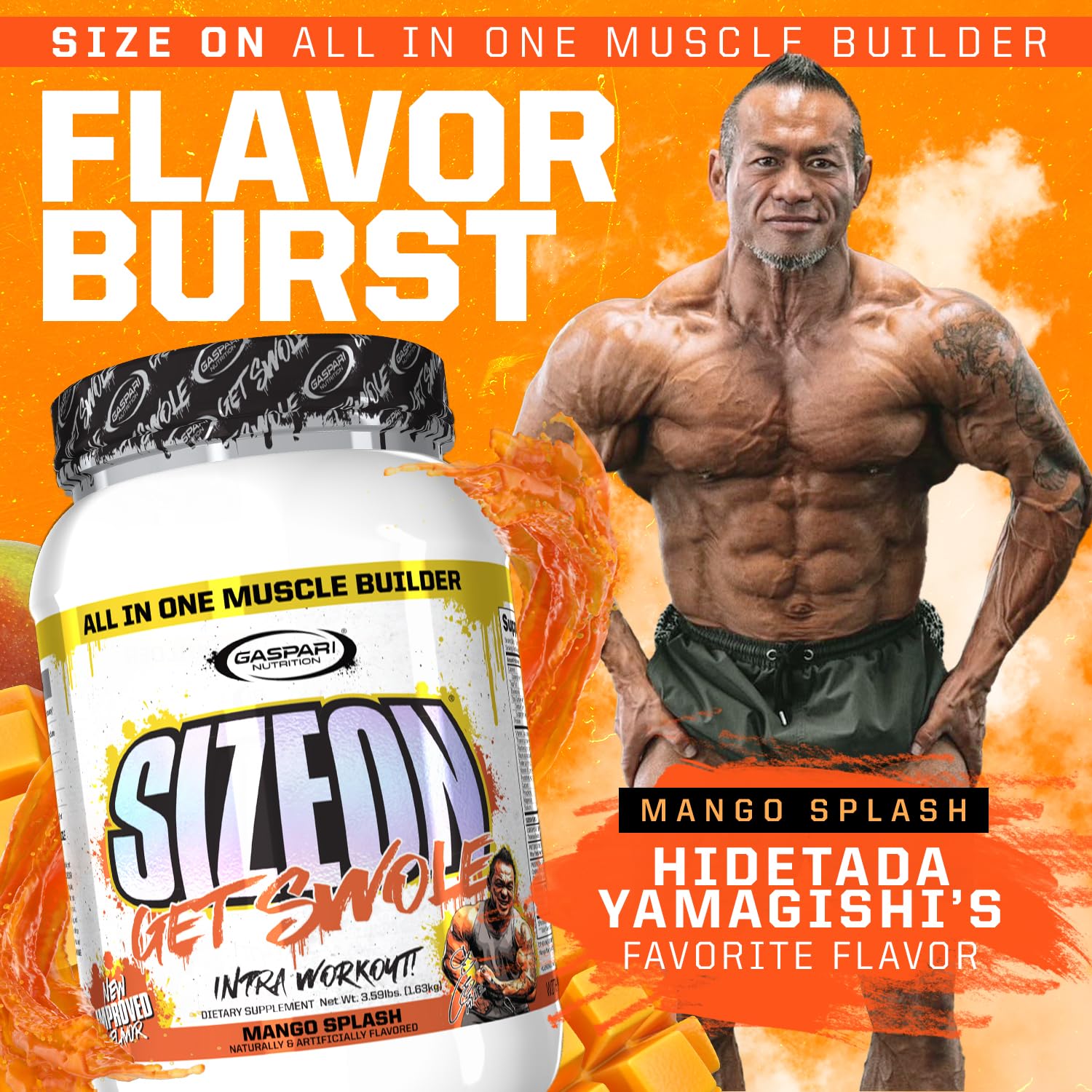Gaspari SizeOn Mango Splash label-closeup highlights ingredient quality
