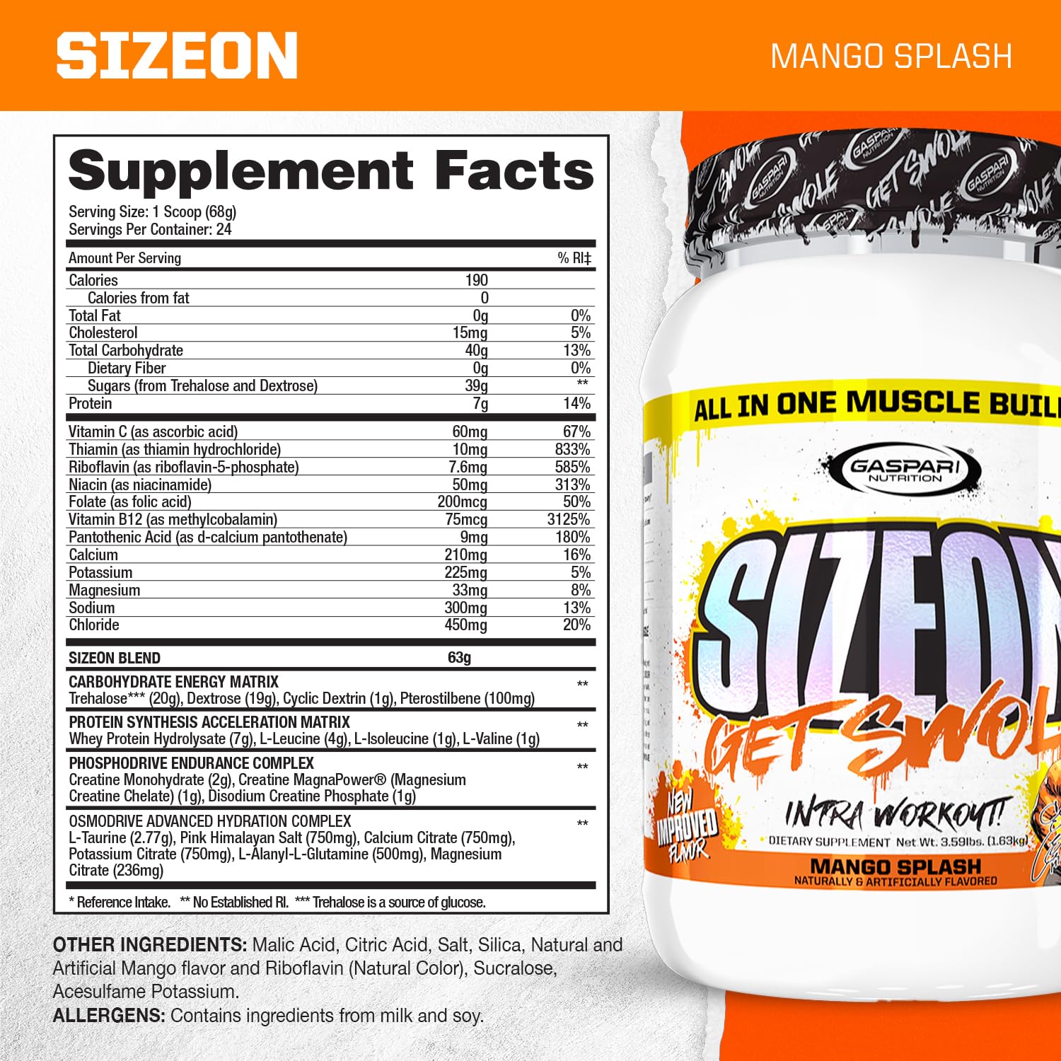 Gaspari SizeOn Mango Splash scoop-dispense for convenient intra-workout fueling