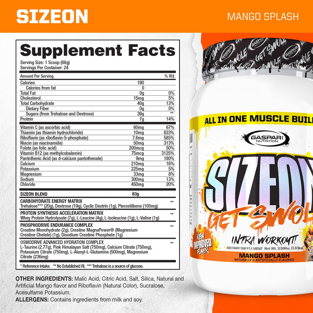 Gaspari SizeOn Mango Splash scoop-dispense for convenient intra-workout fueling