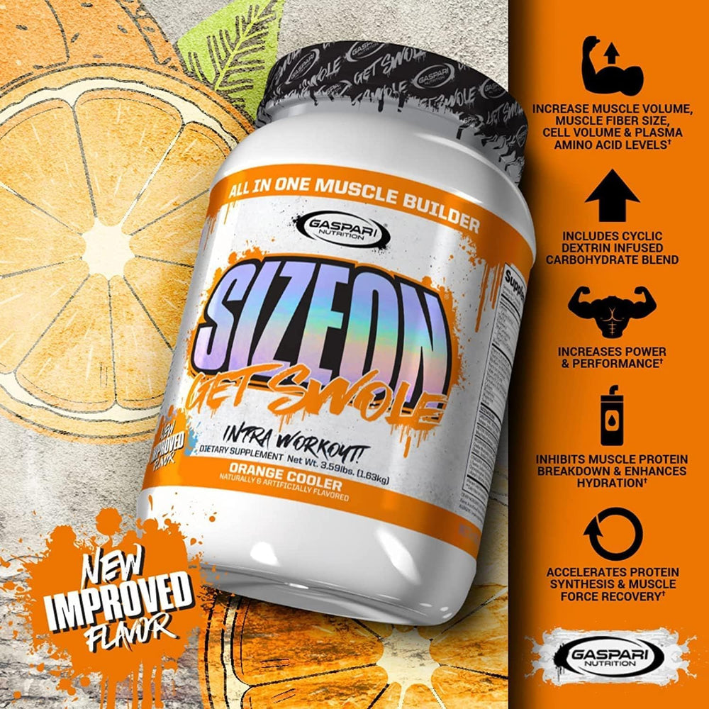Gaspari SizeOn orange cooler label shows ingredients and benefits at a glance.