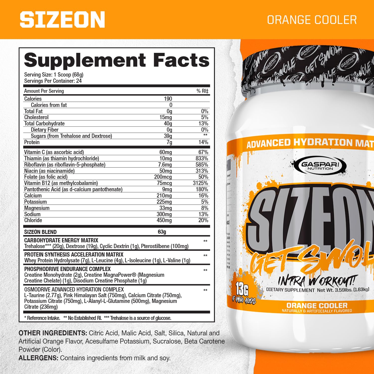 Gaspari SizeOn orange cooler pour capturing quick-dissolving action for workouts.
