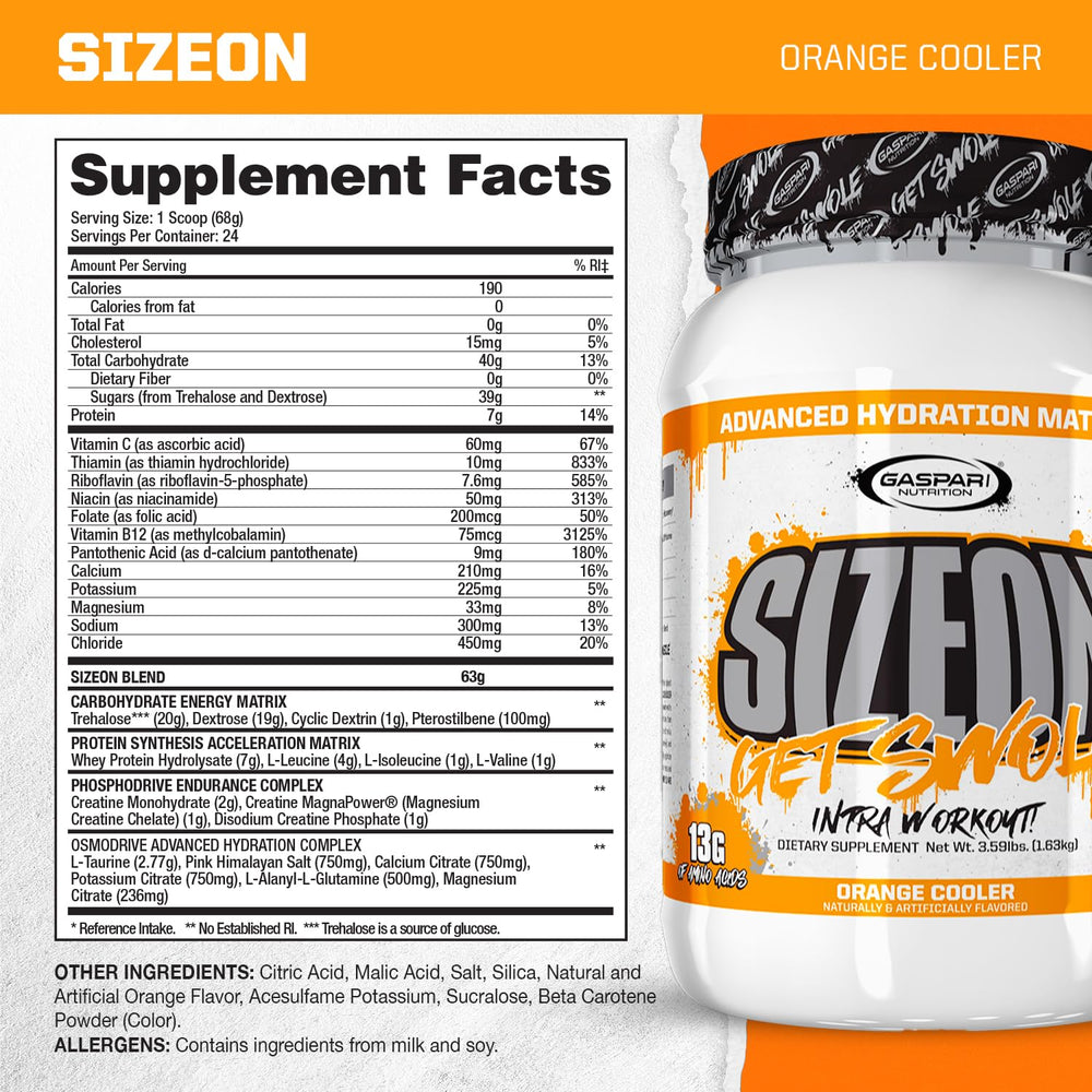 Gaspari SizeOn orange cooler pour capturing quick-dissolving action for workouts.