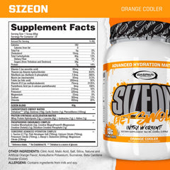 Gaspari SizeOn orange cooler pour capturing quick-dissolving action for workouts.