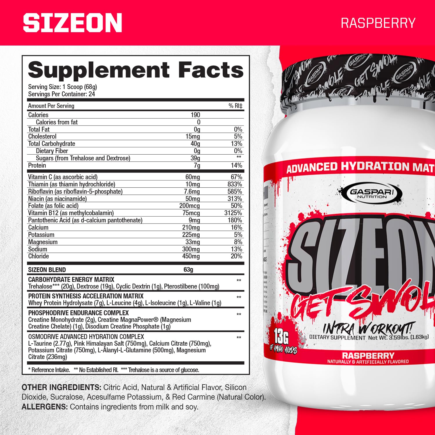 Gaspari SizeOn scoop and powder close-up highlighting rapid mixing for quick fueling.