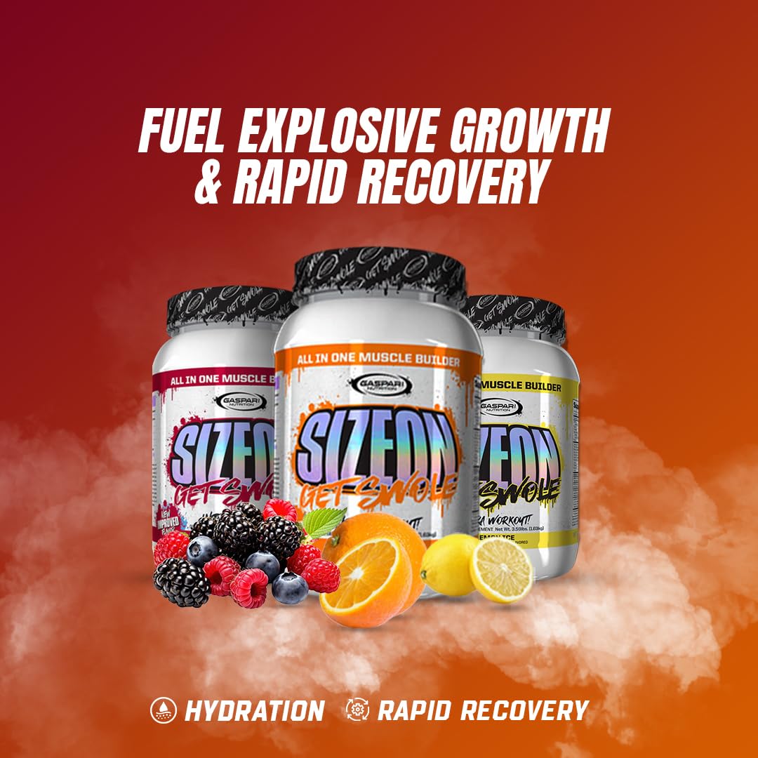 Gaspari SizeOn spoonful beside water targeting muscle fullness post-workout.