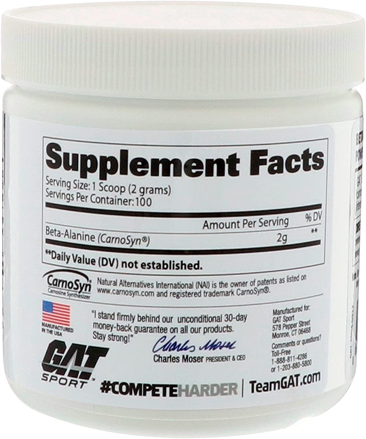GAT SPORT Beta Alanine Powder label front with unflavored formula.